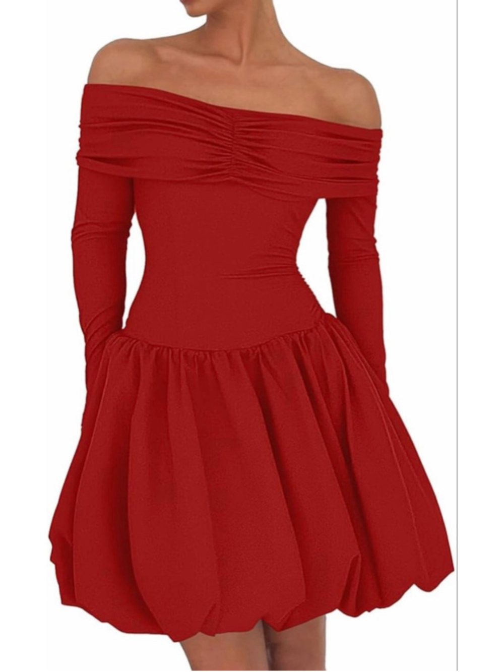 NEW Off Shoulder Mini Bubble Dress Long Sleeve Drop Waist S